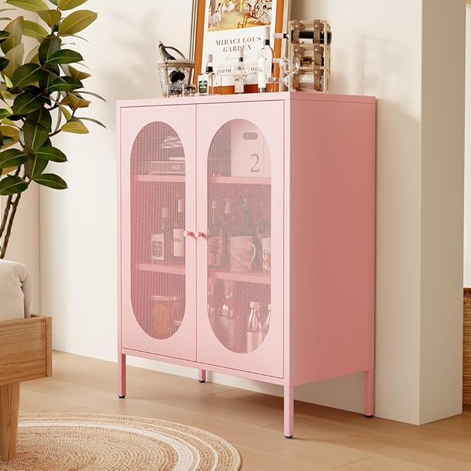 Display Cabinets with 2 Mesh Doors，Kitchen Cupboard, Storage Closet with Adjustable Shelf and High Feet, Pink Cabinet for Home, Office, Living Room,Dining Room,Sideboard, Hallway and Entryway