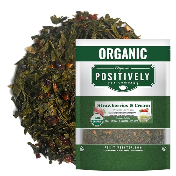 Organic Positively Tea Company, Strawberries and Cream, Green Tea, Loose Leaf, 16 Ounce