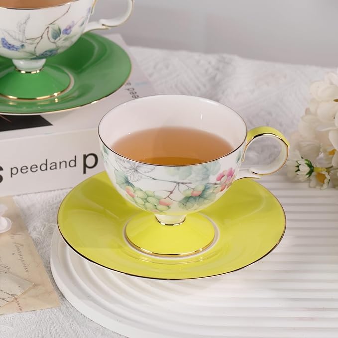 KAMMAK Ceramic Coffee Cups Saucers Set of 2, Porcelain Espresso Cups with Saucers, 7.44 oz Handcrafted Elegant Bone China Tea Cups, Grape & Blueberry Pattern Teacup for Party, Office, Women Gift