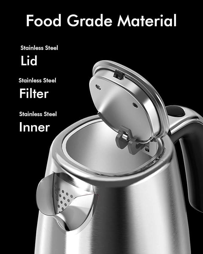 Electric Kettle Stainless Steel - 1.7L 1500W, Auto Shutoff, Fast Boil