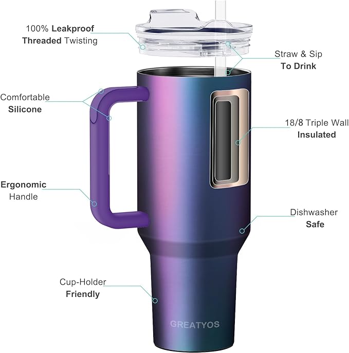 40 oz Tumbler with Handle and Straw Lid Insulated Tumblers Cups with Lids Straws Double Wall Vacuum Leak Proof Stainless Steel 40oz Tumbler Travel Mug Gifts for Men Women Him Her (Aurora)