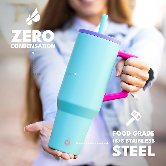Elemental 40 oz Tumbler with Handle and Straw - Spill Proof Insulated Stainless Steel Commuter for Hot and Cold Beverages - Travel Coffee Mug with 2 Straws & Spill Proof Lid - 40oz - Blue Tie Dye