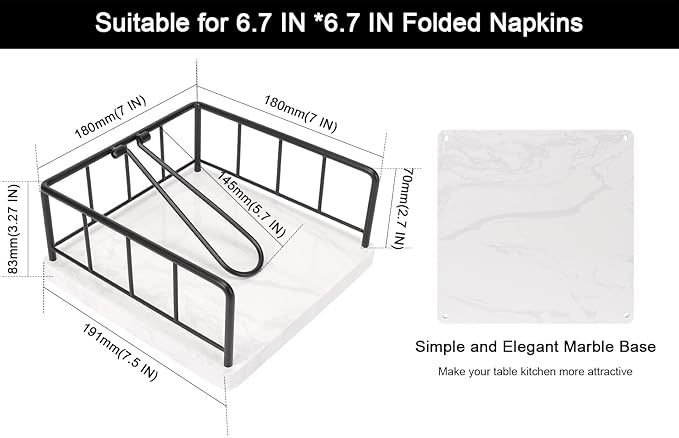 Livabber Flat Napkin Holder, Metal Kitchen Napkin Storage with Weighted Tension Arm Rustic Tissue Paper Dispenser for Countertop, Table Kitchen, Dining Room (With Marble Base, Black)