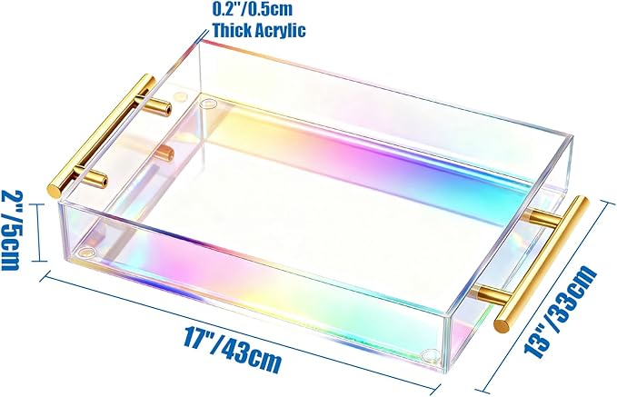 Acrylic Serving Tray with Handles Large Ottoman Food Decorative Tray for Coffee Table Tea Fruit Snack Kitchen Bar Platter, 17x13’’, Iridescent Rainbow