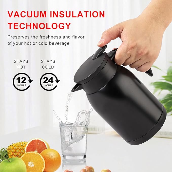 Thermal Coffee Carafe Tea Pot Stainless Steel, Double Wall Vacuum Insulated | Cool Touch Handle | Hot & Cold Retention | Non-Slip Silicone Base | BPA Free, 27OZ /800ML (Black)