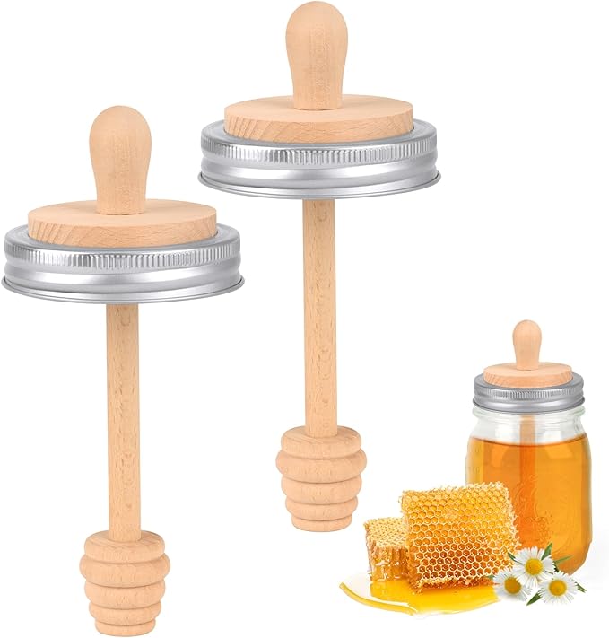 Sun3drucker Wooden Mason Jar Honey Dipper with Lids Set - Honey Dipper Wooden Stick for Regular Mouth Mason Jars, Honey Spoon Honeycomb Lids for Regular Mouth 16 oz Mason, Ball Jars