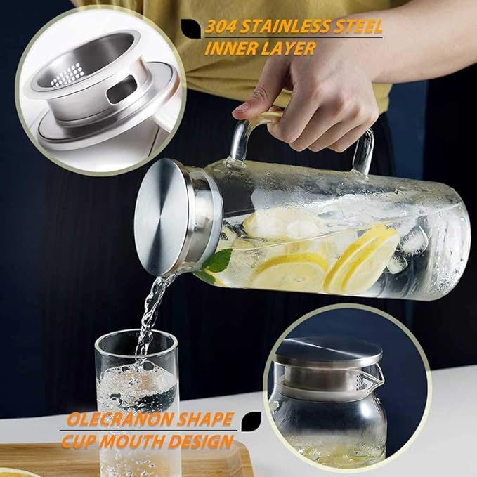 Hwagui - Heat Resistant Glass Pitcher with Stainless Steel Lid, Water Carafe with Handle, Good Beverage Pitcher for Homemade Juice and Iced Tea, 1500ml/51oz