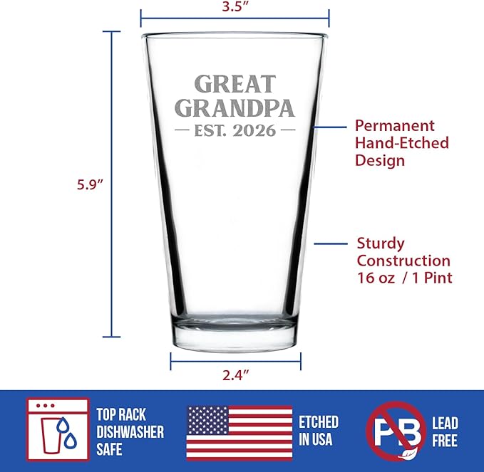 Great Grandpa Est 2026 Pint Glass - New Great Grandfather Gift for First Time Great Grandparents - Bold 16 oz