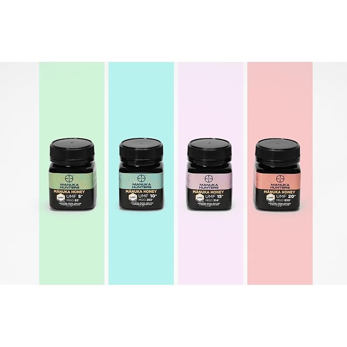 Manuka Hunters Raw New Zealand Honey Gift Set 4-Pack Honey Sampler with UMF 5+,10+,15+,20+ (125g = 85ml Each) – 100% Pure Natural Sweetener - Ideal for Tea, Coffee, Smoothies, Baking - Sustainable