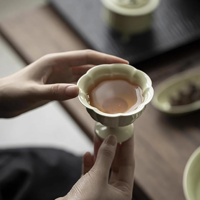 KAMMAK Tea Cup,3oz Small Tea Cups Set of 2, Reed Green Porcelain Tea Cups with Short Handle, Ceramic Teacups Set for Tea Party, Home Chinese Kungfu Tea Set for Hot/Cold Drink