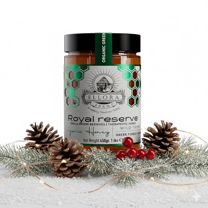 Ellora Farms Organic Greek Honey, Wild Thyme, Raw Unfiltered, Preservative and Additive Free, 2025 Paris and Dubai Gold Awards Winner, Gift Pack with Dipper - 450g (16oz)