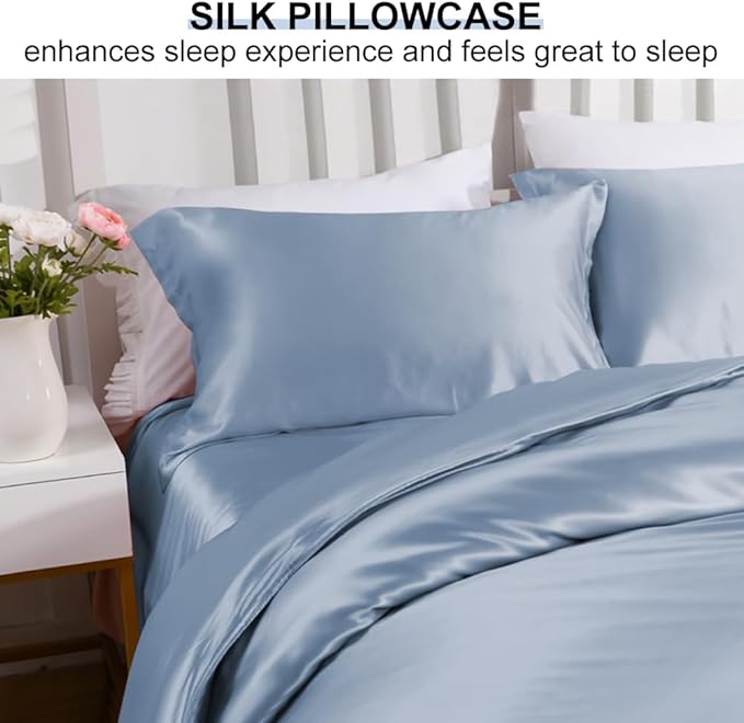 Ravmix Silk Pillow Cases with Zipper, 21momme Mulberry Silk Pillowcase for Hair Skin Health, Soft Smooth Breathable Cool Pillow Cover for Beauty Sleep with Gift Box 1PC(Queen 20"x30", Flint Blue)