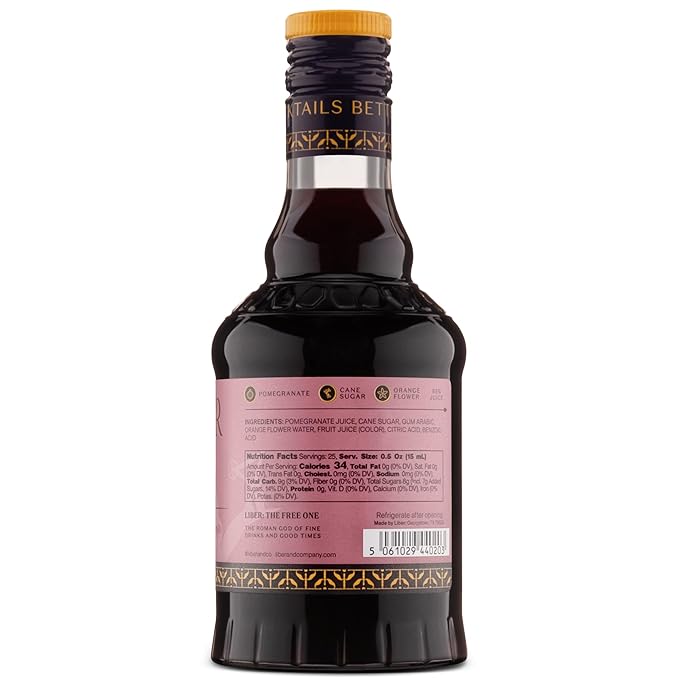 Liber & Co. Real Grenadine Syrup - Drink and Cocktail Mixer with 65% Cold-Pressed Pomegranate Juice & Orange Blossom Water - All Natural, No Dyes - Essential for Tequila Sunrise, Shirley Temples, Sodas & Classic Cocktails (12.7 oz)