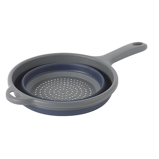 Oster Bluemarine Foldable Handled Strainer – 7-Inch Collapsible Colander for Pasta, Veggies, Fruits, Compact Kitchen Tool, Dishwasher Safe, Blue/Grey