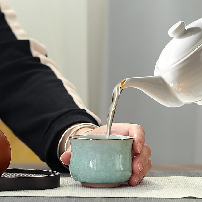 KAMMAK Tea Cup Set of 2 Porcelain Small Tea Cups 3.2oz Japanese Tea Cup Set, Asian Ceramic Teacups for Home, Party, Office, Chinese Kung Fu Tea Set for Hot/Cold Drink (Waist- Ice Crackle Glaze)
