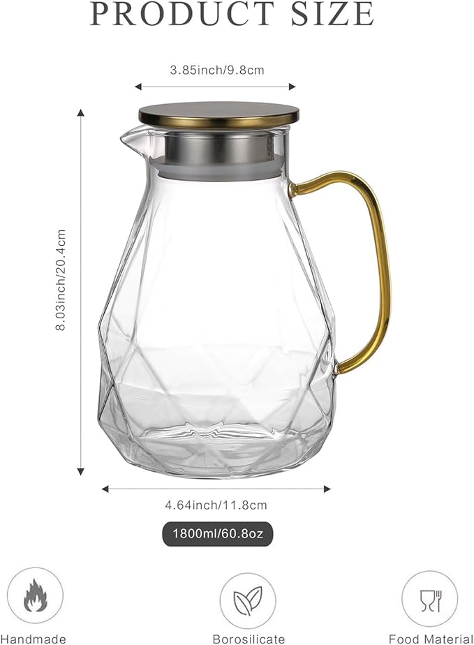 Heat Resistant Glass Pitcher With Lid And Spout, Glass Iced Tea Pitchers Beverage Pitchers For Fridge, Water Pitcher And Carafe 61oz/1800ml