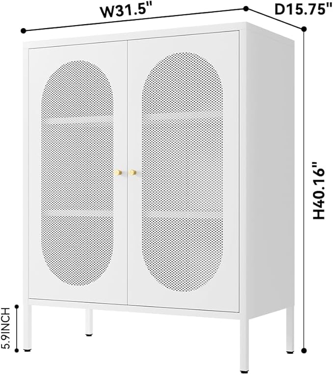 Small Cabinet with 2 Mesh Doors，Small White Cabinet with High Feet, Metal Pantry with Adjustable Shelf, Sideboards for Room, Office, Living Room,Dining Room,Sideboard, Hallway and Entryway