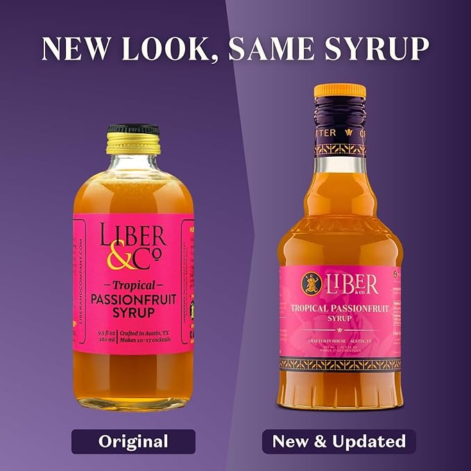 Liber & Co. Tropical Passion Fruit Syrup - Makes 25 Drinks - 50% Passionfruit Juice - Perfect for Craft Cocktails, Hurricanes, Margaritas, Tiki Drinks & Sodas (12.7 oz)