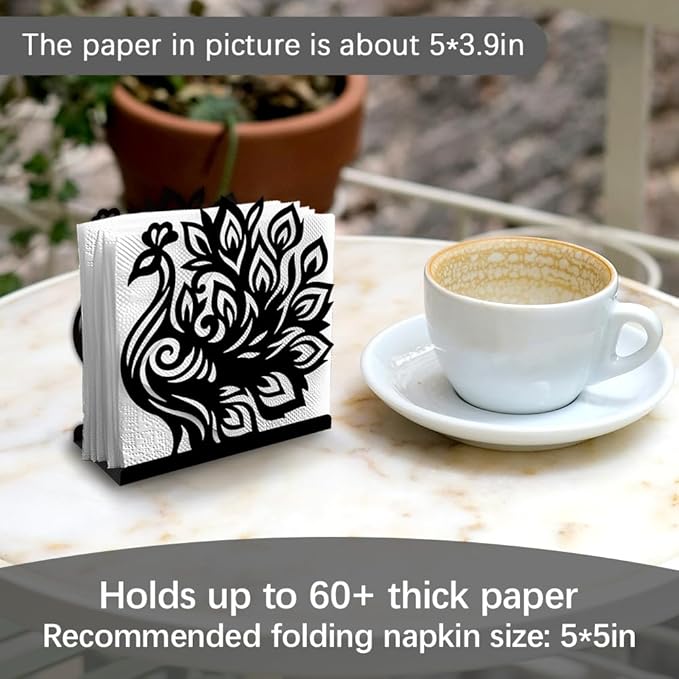 Peacock Decorative Black Metal Napkin Holder for Table, 4.9" x 5.3" x 1.9" Peacock Animal Standing Napkin Holder for Home Kitchen Restaurant Picnic Party Coffee Bar Dining Room