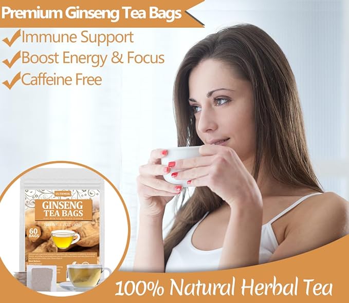 Premium 60 Ginseng Tea Bags, Made with Pure 100% Natural Wild Ginseng Root, Energizing & Immune Support, No Artificial Flavors & Caffeine Free.