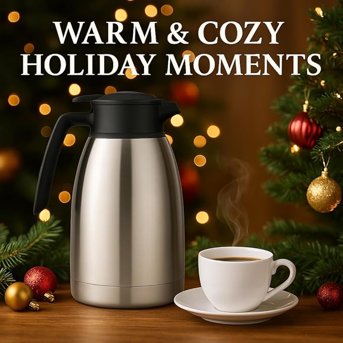 Heritage66 2L Thermal Coffee Carafe with Cleaning Brush – Triple-Wall Vacuum Insulated Stainless Steel Server, Keeps Drinks Hot 12 Hours/Cold 24 Hours, Leak-Proof Lid for Coffee, Tea & Water