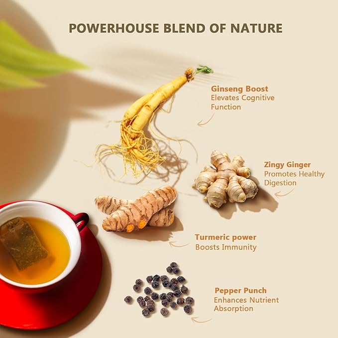 Olinda Turmeric Herbal Tea Ginger Ginseng Tea Organic Tea Bags Caffeine Free Tea Bags 100% Pure Herbs Brew Hot 28 Tea Bags Pack of 1