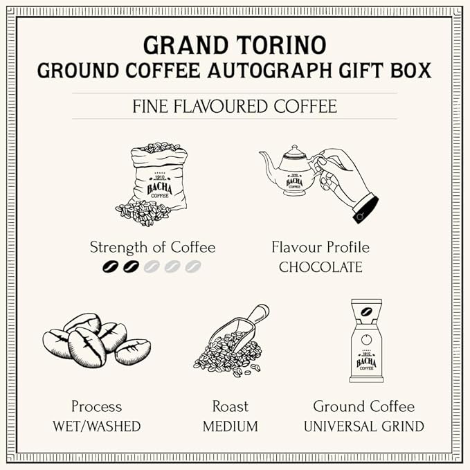 Bacha Coffee | Grand Torino Fine Flavoured Coffee, Autograph Collection, 100% Arabica Specialty Coffee, Ground Beans, Medium Roast, 350g & 100% Cotton Filter, 125mm/4 fl oz Serving Size Bundle