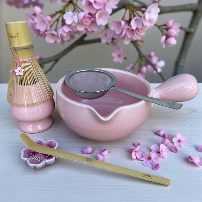 HAPPY PATH & CO Matcha Whisk Set | 6 Pcs Matcha Tea Set Includes Bamboo Whisk(Chasen) with Holder & Bowl with Spout, Sifter, Scoop & Stand - Perfect Matcha Kit Set for Matcha Lovers (Pink Blossom)