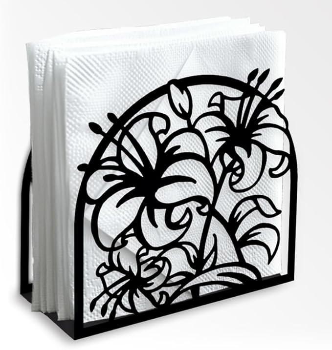 Lily Flower Decorative Black Metal Napkin Holder for Table, 5.3" x 4.9" x 1.9" Lily Floral Standing Napkin Holder for Home Kitchen Restaurant Picnic Party Coffee Bar Dining Room