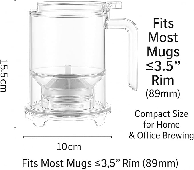 RUIYUE Pour-Over & Immersion Coffee Dripper & Maker, Stop-Valve 17oz Steep-and-Release Brewer, 304 Stainless Steel Mesh Filter, Insulated Handle, Fits Mugs ≤3.5" Rim, BPA-Free (Transparent)