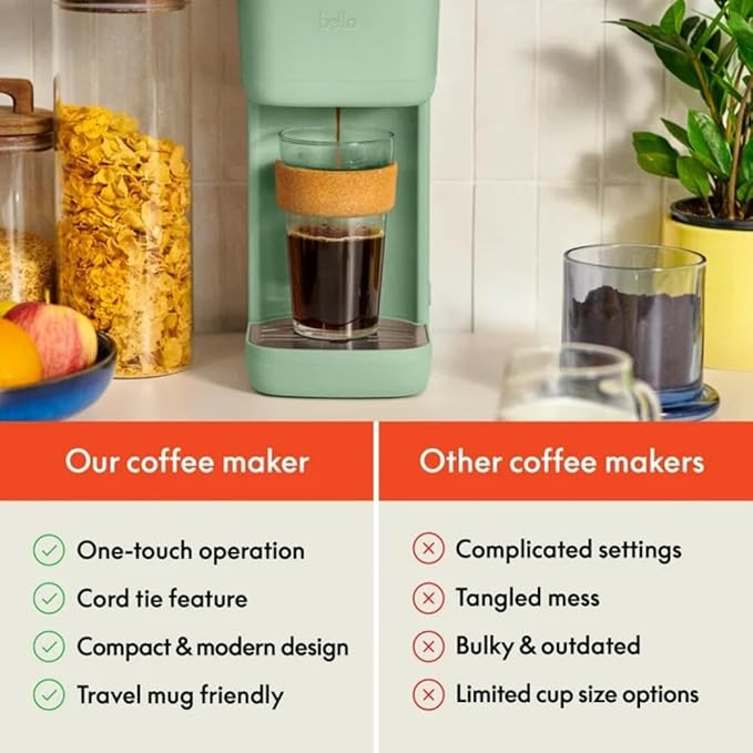 Single-Serve Bella Coffee Maker – Compact 6oz–14oz Brewer for Ground Coffee or Pods, One-Touch Operation, Adjustable Drip Tray, 35oz Water Tank, Travel Mug Friendly, Dishwasher-Safe Parts (Seaglass)