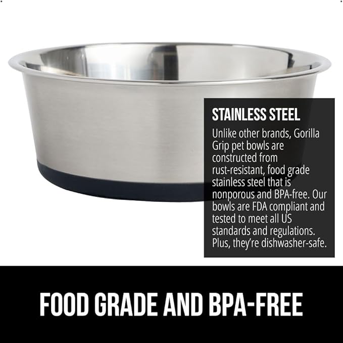 GORILLA GRIP Dog Bowl, Holds 4 Cups (32 fl oz), Heavy Duty Metal Food and Water Bowl for Feeding Dogs and Cats, Easy Clean, Dishwasher Safe, Rust Resistant Stainless Steel, BPA Free Rubber Base, Black