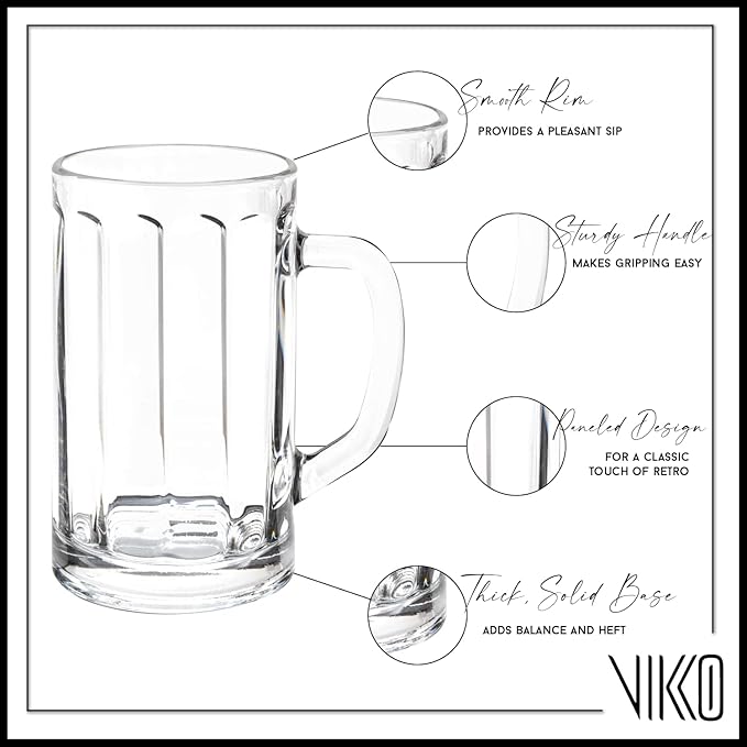 Vikko Beer Mug, Set of 6 Glass Beer Mugs, 13.5 Ounce, Dishwasher Safe Durable Drinking Glass for Craft Brews, Beer or Water