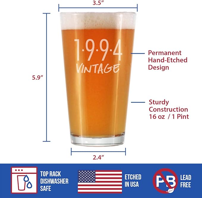 Bevvee Vintage 1994 Pint Glass for Beer - 31st Birthday Gifts for Men or Women Turning 31 - Fun Bday Party Decor - 16 oz