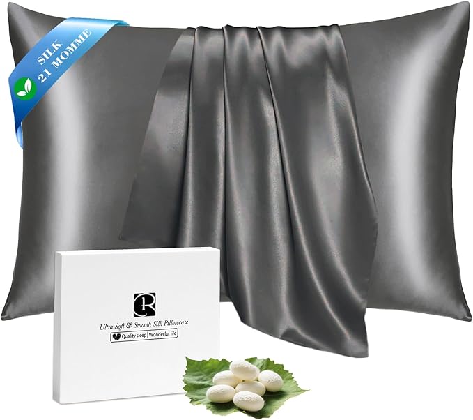 Ravmix Silk Pillow Cases with Zipper, 21momme Mulberry Silk Pillowcase for Hair Skin Health, Soft Smooth Breathable Cool Pillow Cover for Beauty Sleep with Gift Box 1PC(King 20"x36", Space Gray)