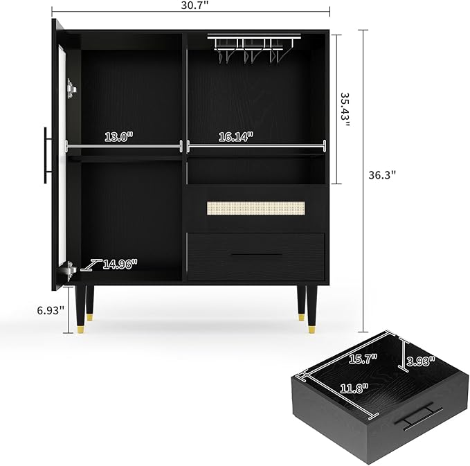 Garvee Wine Bar Cabinet with Tempered Glass Door & Rack, 30.7" Freestanding Modern Buffet Sideboard for Dining Room, Kitchen Coffee Bar & Liquor Storage Cabinet with Drawers and Glass Holder