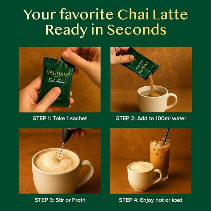 VAHDAM Instant Chai Latte - 10 Sachets (7.7 Oz / 220g) | Authentic Indian Chai with Natural Spices | Just Add Water, No Steeping Required | Creamy Chai Latte Anytime