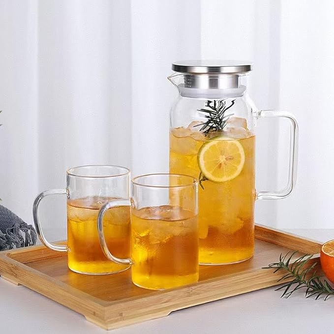 Heat Resistant Glass Pitcher with Stainless Steel Lid, Water Carafe with Handle, Good Beverage Pitcher for Homemade Juice and Iced Tea 1.6liter/54oz