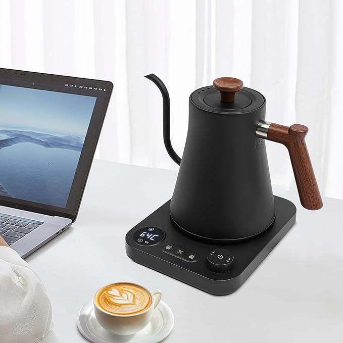 Gooseneck Electric Kettle, 1200W 0.9L/0.24Gal 304 Stainless Steel Electric Tea Kettle with LED Display Temperature Control Insulation Memory Function Water Boiler for Coffee Tea Milk (Black)