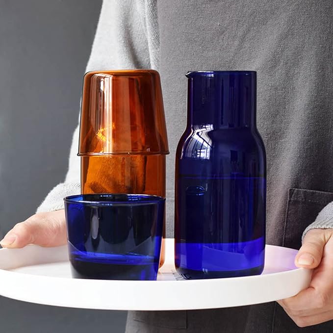 Bedside Glass Water Carafe Set with Cup, Glass Carafe with Lid Mouthwash Cups for Bedroom Bathroom Juice Wine Milk 19oz Amber