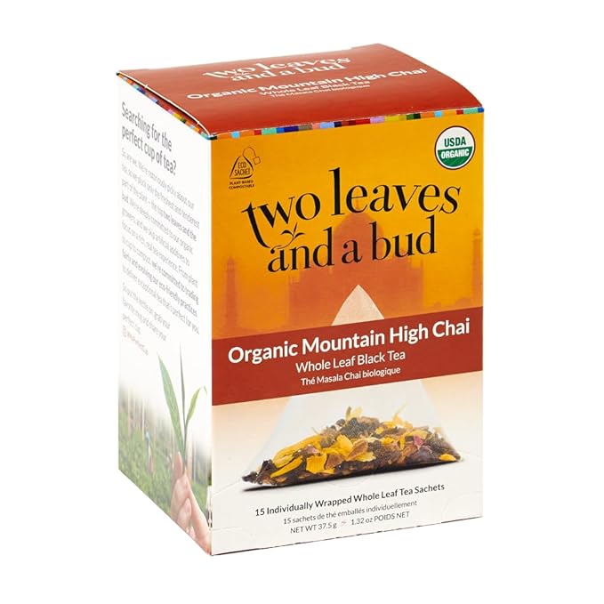 Two Leaves and a Bud Organic Mountain High Chai Tea Bags, Whole Leaf Black Tea and Spices in Compostable Sachets,15 Count (Pack of 1)