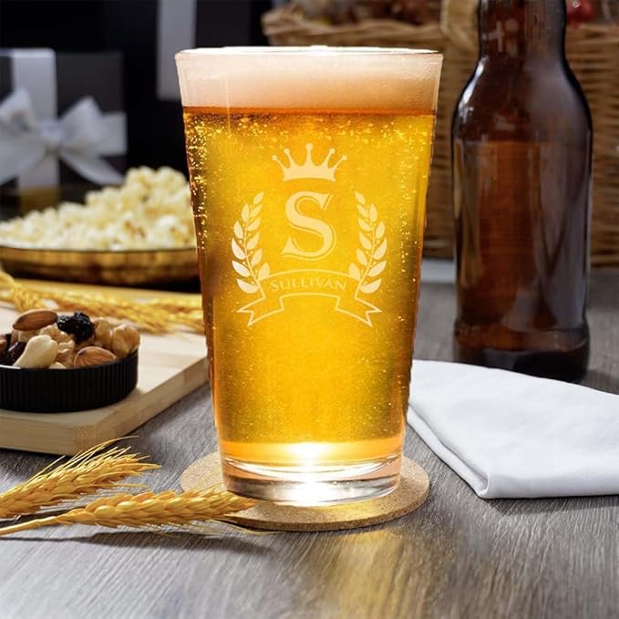 Custom Personalized Set of 4 Beer Glasses w/Grey Slate Coaster, Engraved Pint Glasses for Beer and Soda, Personalized Bar Coasters (4"x4") for Him