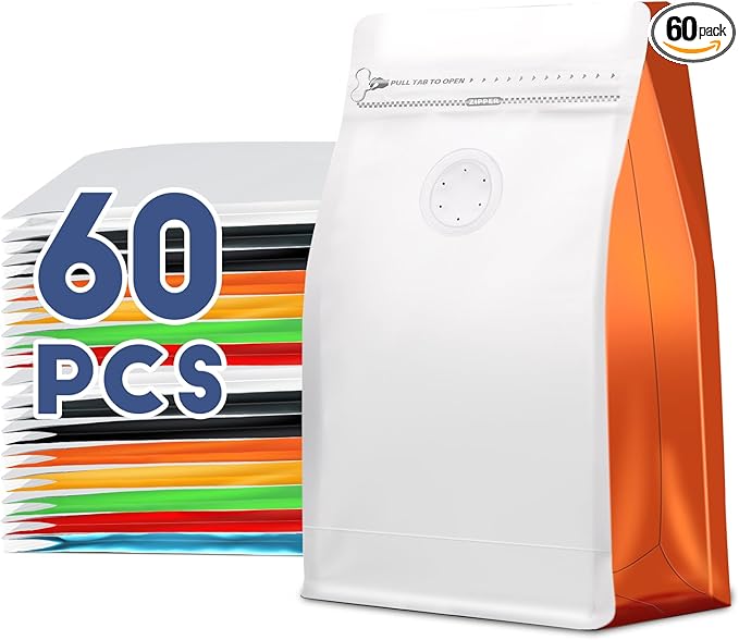 Coffee Bags with Valve(60pcs,8 oz,1/2 lb) Vented Coffee Beans Packaging Bags High Barrier Aluminumed Foil Flat Bottom Heat Sealed Side Zipper Resealable Storage Bag for Home or Business（White+Orange）