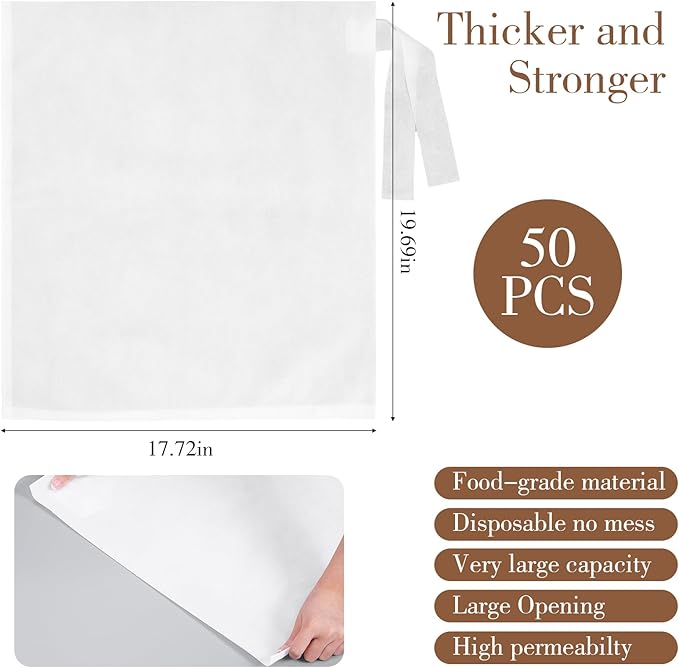 50pcs No Mess Cold Brew Bags, 17.72" x 19.69" inch Disposable Coffee Filter Bag Fine Mesh Brewing Drawstring Pouches for Iced Coffee Hot Tea Herbe Spice