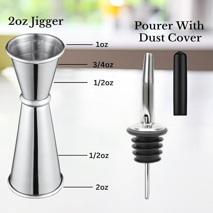 Cocktail Shaker Bar Set - 24oz Professional Martini Shaker with Built-in Strainer - Drink Mixer with Measuring Jigger and Pourer with Dust Cover