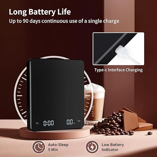 Mini Coffee Scale with Timer, Rechargeable Espresso Scale, 3kg/0.1g Accurate Scale for Espresso and Pour-Over Coffee, Portable Digital Kitchen Scale with Automatic Timing-Black ﻿
