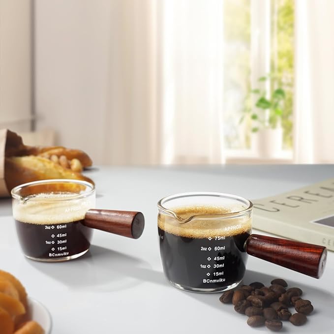 1 Pack Espresso Shot Glass 75ML Triple Pitcher Barista Single Spouts With Wood Handle By BCnmviku