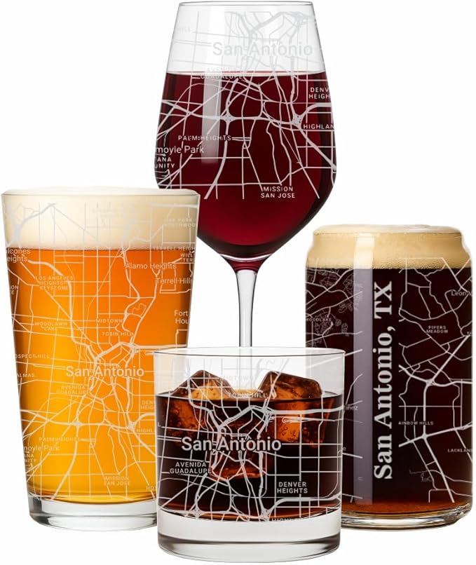 Blue Ridge Mountain Gifts - San Antonio Souvenir - Texas Glassware Gift, Etched City Map, Laser Engraved and Dishwasher Safe