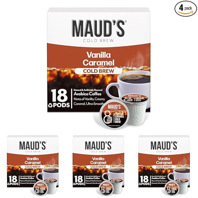 Maud's Vanilla Caramel Flavored Cold Brew Coffee Pods, 18 ct, Dark Roast Flavored Coffee in Recyclable Single Serve Pods – 100% Arabica Beans, Compatible with Keurig K Cups Maker (Pack of 4)