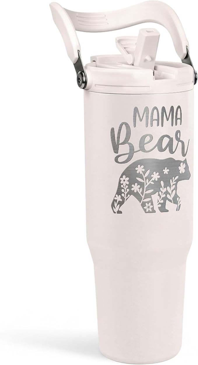 Mom Tumbler 30oz, Mama Bear Tumbler Stainless Steel Insulated Coffee Travel Mug with Handle & Flip Straw Lid, Gifts for Mommy, Presents for Mom for Christmas Birthday Mothers Day Valentines
